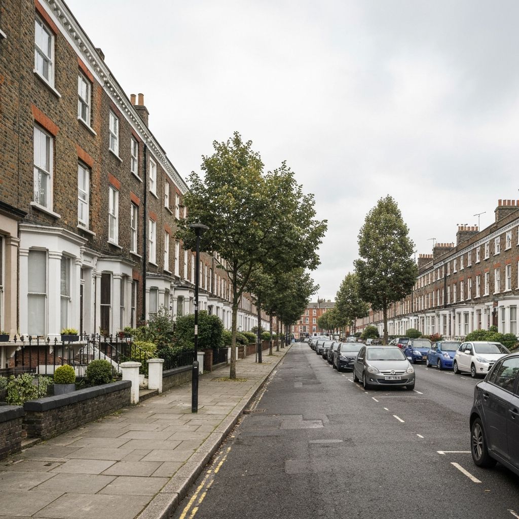 Urban neighbourhood street view with residential buildings